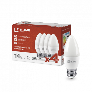 Купить Лампа светодиодная LED-СВЕЧА-VC 4PACK 14Вт 230В Е27 4000К 1330Лм (4шт./упак) IN HOME в интернет-магазине по цене  Лампа светодиодная LED-СВЕЧА-VC 4PACK 14Вт 230В Е27 4000К 1330Лм (4шт./упак) IN HOME, Лампы светодиодные бытовые
