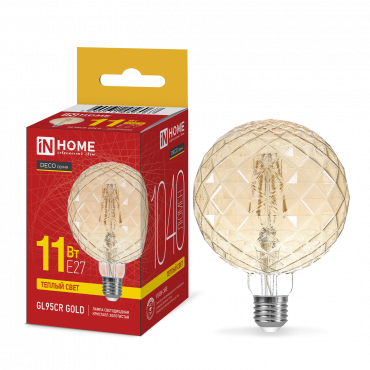 Лампа светодиодная LED-GL95СR-deco gold 11Вт 230В E27 3000K 1040Лм 95мм кристалл золотистая IN HOME купить с доставкой по низкой цене от  Лампа светодиодная LED-GL95СR-deco gold 11Вт 230В E27 3000K 1040Лм 95мм кристалл золотистая IN HOME, Лампы светодиодные филамент