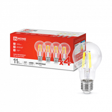 Лампа светодиодная LED-A60-deco 4PACK 11Вт 230В Е27 4000К 1160Лм (4шт./упак) прозрачная IN HOME купить с доставкой по низкой цене от  Лампа светодиодная LED-A60-deco 4PACK 11Вт 230В Е27 4000К 1160Лм (4шт./упак) прозрачная IN HOME, Лампы светодиодные филамент