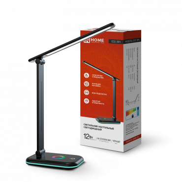 Светильник настольный светодиодный PLUS ССО-20Ч 12Вт 3000-6500К 640Лм RGB-подсветка, сенсор, с адаптером ЧЕРНЫЙ IN HOME, Светильники настольные светодиодные	
