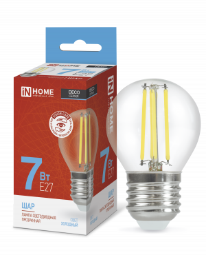 Лампа светодиодная LED-ШАР-deco 7Вт 230В Е27 6500К 810Лм прозрачная IN HOME купить с доставкой по низкой цене от  Лампа светодиодная LED-ШАР-deco 7Вт 230В Е27 6500К 810Лм прозрачная IN HOME, Лампы светодиодные филамент