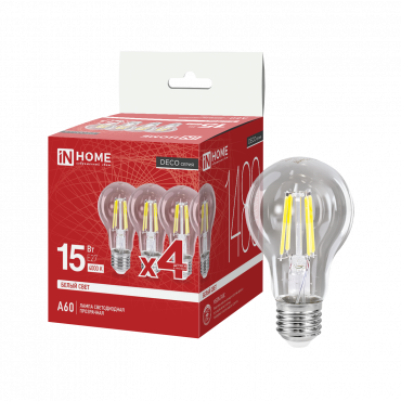 Лампа светодиодная LED-A60-deco 4PACK 15Вт 230В Е27 4000К 1480Лм (4шт./упак) прозрачная IN HOME, Светодиодные Лампы	