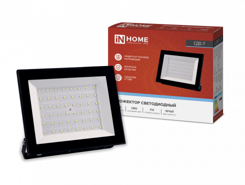 Прожектор светодиодный СДО-7 70Вт 230В 6500К IP65 черный IN HOME, Светильники уличные коммерческие	