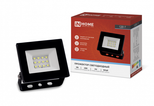 Прожектор светодиодный СДО-7 20Вт 230В 6500К IP65 черный IN HOME, Светильники уличные коммерческие	