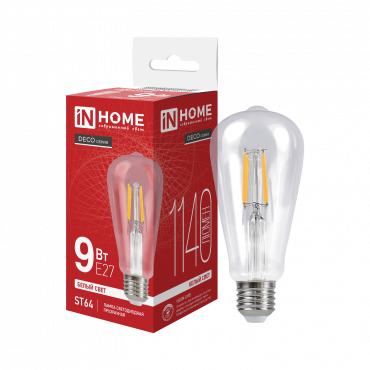 Лампа светодиодная LED-ST64-deco 9Вт 230В Е27 4000К 1140Лм прозрачная IN HOME купить с доставкой по низкой цене от  Лампа светодиодная LED-ST64-deco 9Вт 230В Е27 4000К 1140Лм прозрачная IN HOME, Лампы светодиодные филамент