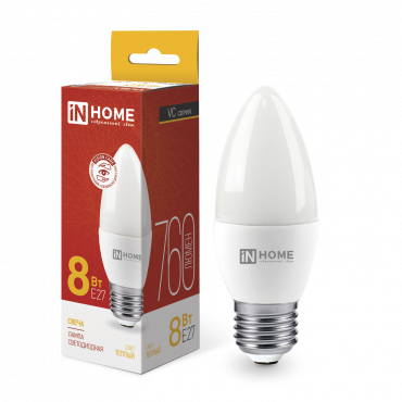 Купить Лампа светодиодная LED-СВЕЧА-VC 8Вт 230В Е27 3000К 760Лм IN HOME в интернет-магазине по цене  Лампа светодиодная LED-СВЕЧА-VC 8Вт 230В Е27 3000К 760Лм IN HOME, Лампы светодиодные бытовые