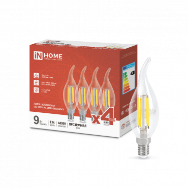 Лампа светодиодная LED-СВЕЧА НА ВЕТРУ-deco 4PACK 9Вт 230В Е14 4000К 1040Лм (4шт./упак) прозрачная IN HOME купить с доставкой по низкой цене от  Лампа светодиодная LED-СВЕЧА НА ВЕТРУ-deco 4PACK 9Вт 230В Е14 4000К 1040Лм (4шт./упак) прозрачная IN HOME, Лампы светодиодные филамент