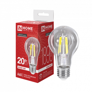 Лампа светодиодная LED-A60-deco 20Вт 230В Е27 4000К 1890Лм прозрачная IN HOME купить с доставкой по низкой цене от  Лампа светодиодная LED-A60-deco 20Вт 230В Е27 4000К 1890Лм прозрачная IN HOME, Лампы светодиодные филамент
