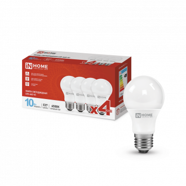Купить Лампа светодиодная LED-A60-VC 4PACK 10Вт 230В Е27 6500К 950Лм (4шт./упак) IN HOME в интернет-магазине по цене  Лампа светодиодная LED-A60-VC 4PACK 10Вт 230В Е27 6500К 950Лм (4шт./упак) IN HOME, Лампы светодиодные бытовые