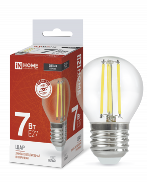 Лампа светодиодная LED-ШАР-deco 7Вт 230В Е27 4000К 810Лм прозрачная IN HOME купить с доставкой по низкой цене от  Лампа светодиодная LED-ШАР-deco 7Вт 230В Е27 4000К 810Лм прозрачная IN HOME, Лампы светодиодные филамент