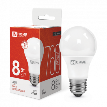 Купить Лампа светодиодная LED-A60-VC 8Вт 230В Е27 4000К 760Лм IN HOME в интернет-магазине по цене  Лампа светодиодная LED-A60-VC 8Вт 230В Е27 4000К 760Лм IN HOME, Лампы светодиодные бытовые