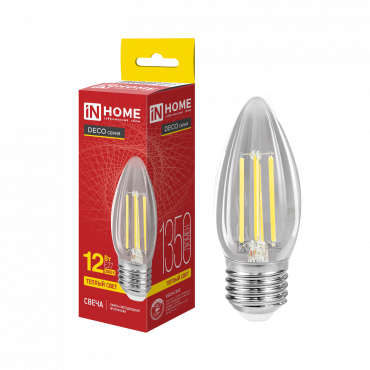 Купить лампа светодиодная led-свеча-deco 12вт 230в е27 3000к 1350лм прозрачная in home от  Лампа светодиодная LED-СВЕЧА-deco 12Вт 230В Е27 3000К 1350Лм прозрачная IN HOME, Светодиодные Лампы
