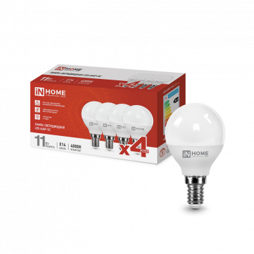 Купить Лампа светодиодная LED-ШАР-VC 4PACK 11Вт 230В Е14 4000К 1050Лм (4шт./упак) IN HOME в интернет-магазине по цене  Лампа светодиодная LED-ШАР-VC 4PACK 11Вт 230В Е14 4000К 1050Лм (4шт./упак) IN HOME, Лампы светодиодные бытовые