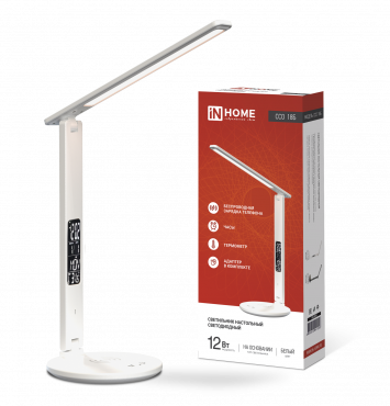 Светильник настольный светодиодный PLUS ССО-18Б 12Вт 3000-6500К 600Лм сенсор, с беспроводной зарядкой, часы, температура, с адаптером БЕЛЫЙ IN HOME, Светильники настольные светодиодные	