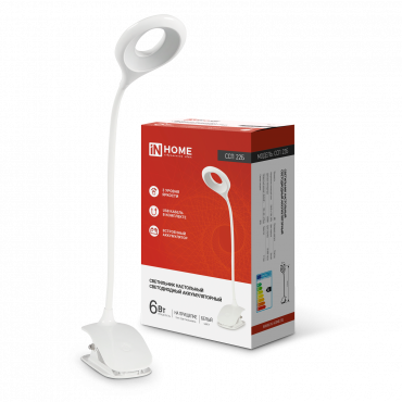 Светильник настольный светодиодный CRAFT ССП-22Б аккумулятор 6Вт 480Лм, сенсор-диммер, USB-кабель, на прищепке БЕЛЫЙ IN HOME, Светильники настольные светодиодные	