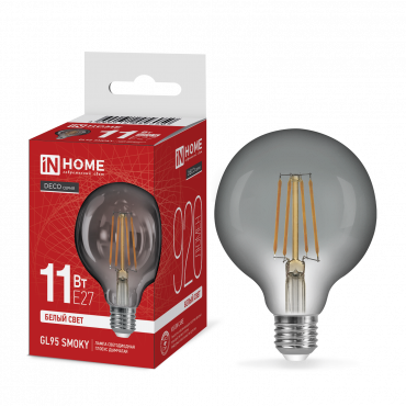 Лампа светодиодная LED-GL95-deco smoky 11Вт 230В E27 4000K 920Лм 95мм дымчатая IN HOME купить с доставкой по низкой цене от  Лампа светодиодная LED-GL95-deco smoky 11Вт 230В E27 4000K 920Лм 95мм дымчатая IN HOME, Лампы светодиодные филамент