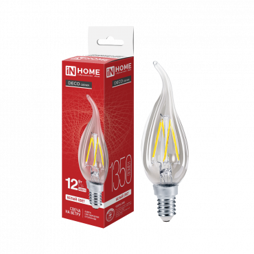Лампа светодиодная LED-СВЕЧА НА ВЕТРУ-deco 12Вт 230В Е14 4000К 1350Лм прозрачная IN HOME купить с доставкой по низкой цене от  Лампа светодиодная LED-СВЕЧА НА ВЕТРУ-deco 12Вт 230В Е14 4000К 1350Лм прозрачная IN HOME, Лампы светодиодные филамент