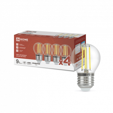 Лампа светодиодная LED-ШАР-deco 4PACK 9Вт 230В Е27 4000К 1040Лм (4шт./упак) прозрачная IN HOME купить с доставкой по низкой цене от  Лампа светодиодная LED-ШАР-deco 4PACK 9Вт 230В Е27 4000К 1040Лм (4шт./упак) прозрачная IN HOME, Лампы светодиодные филамент