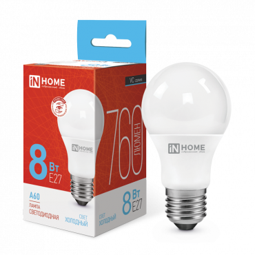 Купить Лампа светодиодная LED-A60-VC 8Вт 230В Е27 6500К 760Лм IN HOME в интернет-магазине по цене  Лампа светодиодная LED-A60-VC 8Вт 230В Е27 6500К 760Лм IN HOME, Лампы светодиодные бытовые