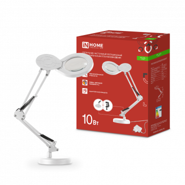 Светильник настольный светодиодный на основании + струбцина PLUS ССО-22Б-ЛП 10Вт 3000-6500К, 5х лупа, с адаптером БЕЛЫЙ IN HOME, Светильники настольные светодиодные	