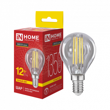 Купить лампа светодионая led-шар-deco 12вт 230в е14 3000к 1350лм прозрачная in home от  Лампа светодионая LED-ШАР-deco 12Вт 230В Е14 3000К 1350Лм прозрачная IN HOME, Светодиодные Лампы