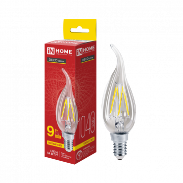 Лампа светодиодная LED-СВЕЧА НА ВЕТРУ-deco 9Вт 230В Е14 3000К 1040Лм прозрачная IN HOME купить с доставкой по низкой цене от  Лампа светодиодная LED-СВЕЧА НА ВЕТРУ-deco 9Вт 230В Е14 3000К 1040Лм прозрачная IN HOME, Лампы светодиодные филамент