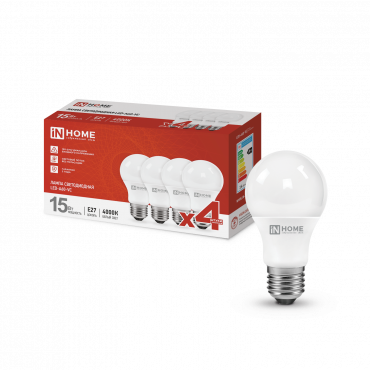 Купить Лампа светодиодная LED-A60-VC 4PACK 15Вт 230В Е27 4000К 1430Лм (4шт./упак) IN HOME в интернет-магазине по цене  Лампа светодиодная LED-A60-VC 4PACK 15Вт 230В Е27 4000К 1430Лм (4шт./упак) IN HOME, Лампы светодиодные бытовые