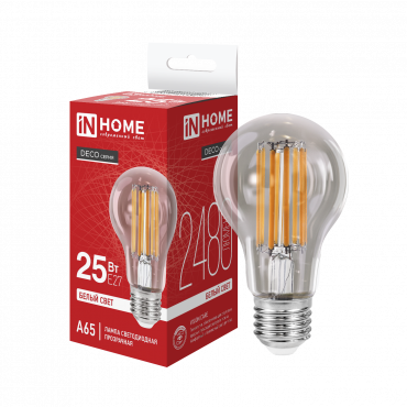 Лампа светодиодная LED-A65-deco 25Вт 230В Е27 4000К 2480Лм прозрачная IN HOME купить с доставкой по низкой цене от  Лампа светодиодная LED-A65-deco 25Вт 230В Е27 4000К 2480Лм прозрачная IN HOME, Лампы светодиодные филамент