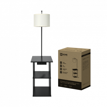 Светильник напольный этажерка ТНО 12P-Е27USB-WB USB-C розетка, белый абажур, черный корпус IN HOME, Напольные светильники	