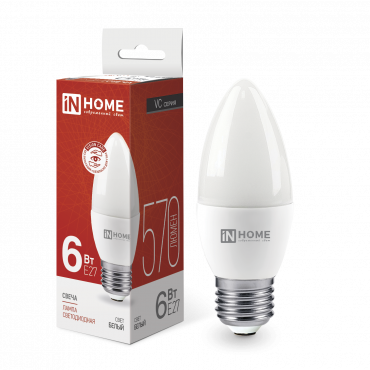 Лампа светодиодная LED-СВЕЧА-VC 6Вт 230В Е27 4000К 570Лм IN HOME, Лампы светодиодные бытовые	