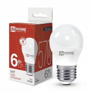 Лампа светодиодная LED-ШАР-VC 6Вт 230В Е27 4000К 570Лм IN HOME, Лампы светодиодные бытовые	
